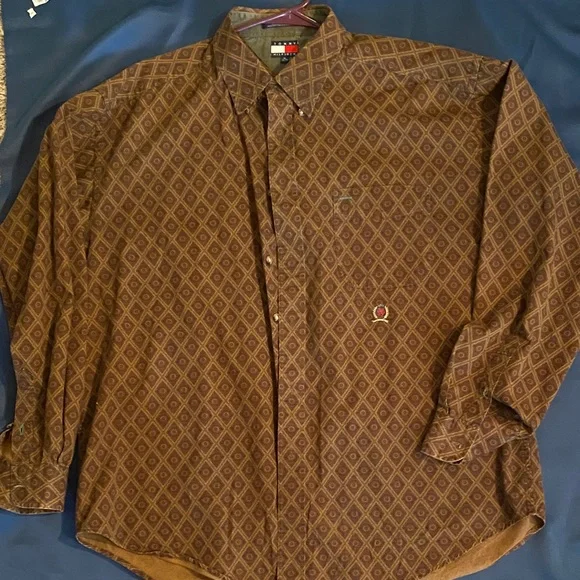 90sTommy Hilfiger Men's Brown Geometric Shirt Xl - Picture 1 of 5